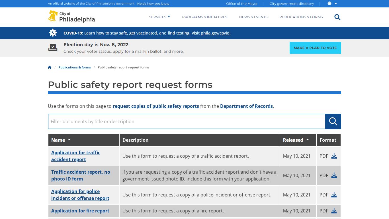 Public safety report request forms | Department of Records